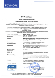 EN 1090-1:2009+A1:2011 EU Certificate — Factory Production Control (FPC)